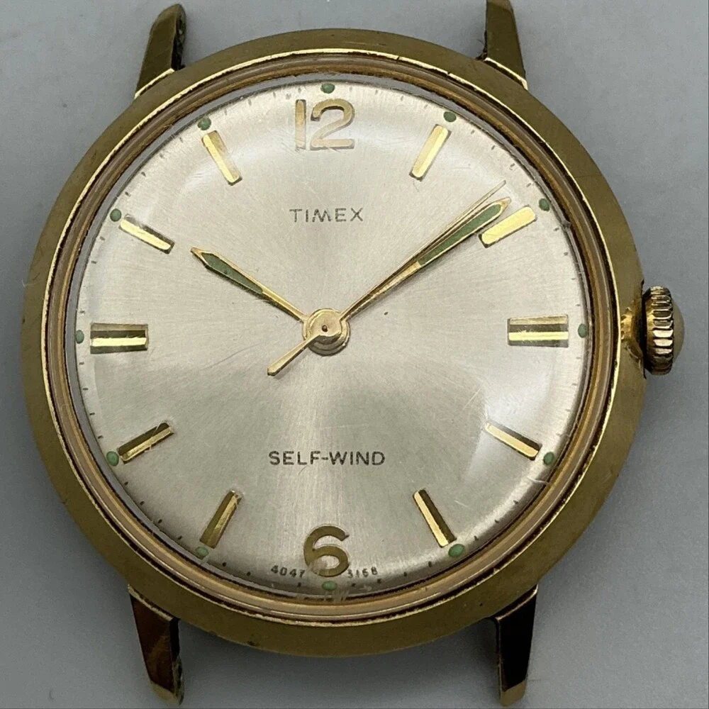 Vintage Timex Self-Wind Mens Watch 34mm Silver Gold Tone For Parts Not Running